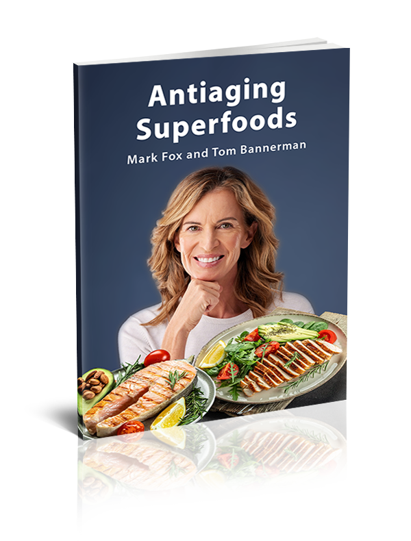 Antiaging Superfoods ebook cover featuring healthy nutrition meals and a smiling woman, a comprehensive guide to longevity and diet wellness.
