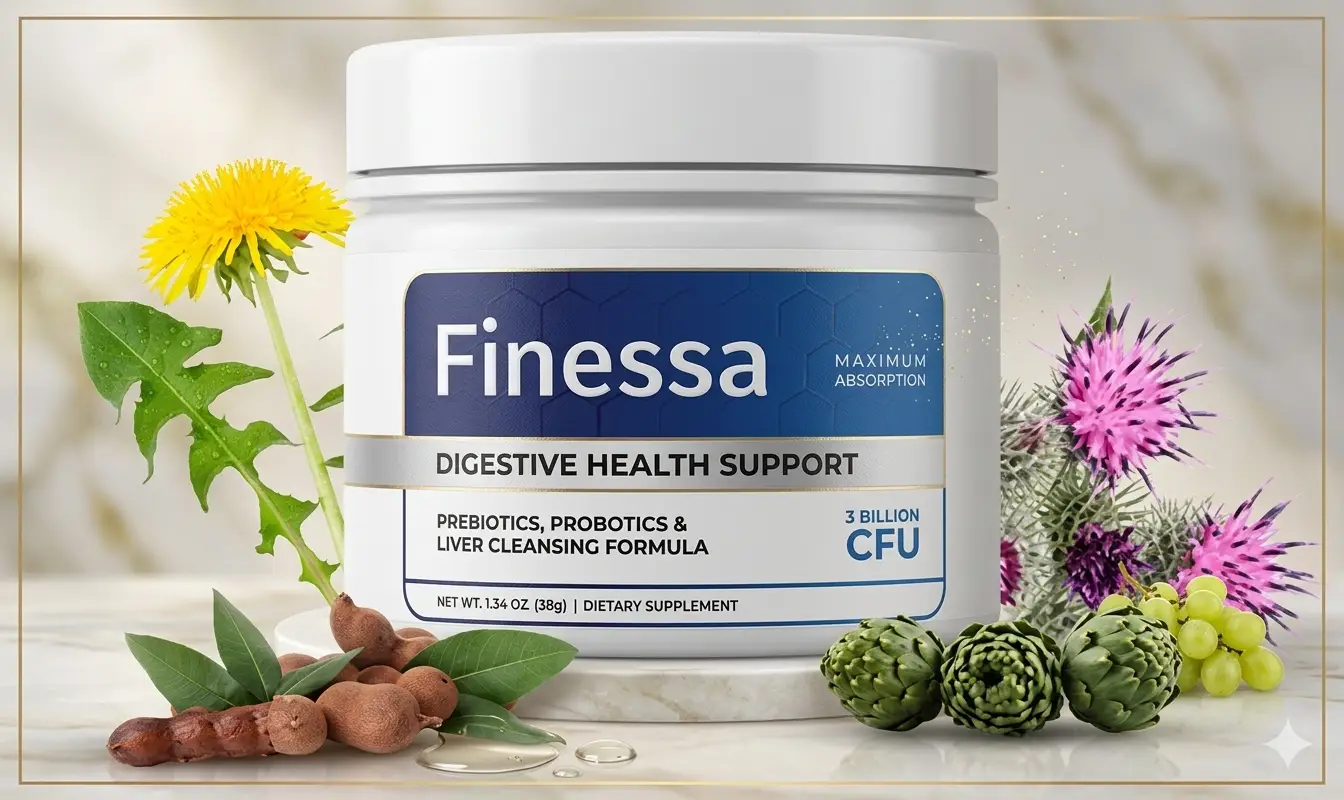 Finessa Digestive Health Support bottle with prebiotics, probiotics, and liver cleansing ingredients like milk thistle and artichoke.